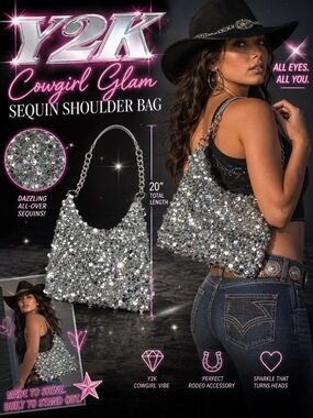 Y2K Cowgirl Glam Sequin Shoulder Bag - Silver